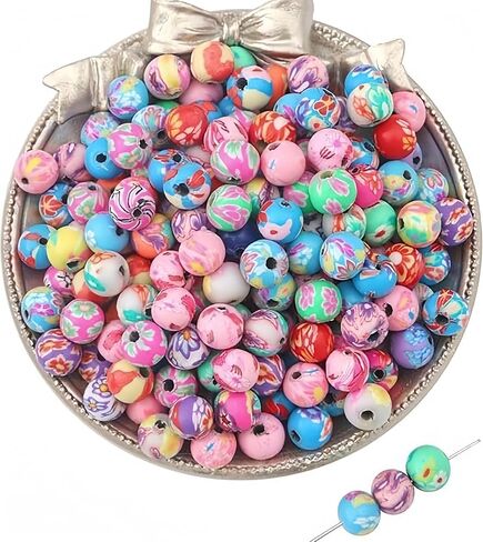 DAHI 100pcs 12mm Round Polymer Clay Beads Assorted Colorful Painted Flower Beads Handmade Loose Beads for Jewelry Making （12mm） in Kuwait
