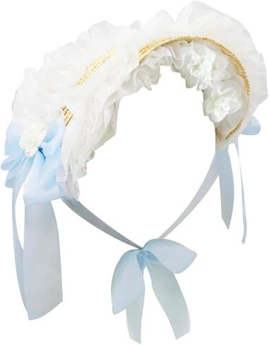 Girls Women Victorian Lolita Flat Bonnet Cap Tea Party Sun Hat Lace Bows Flower Ribbons Straw Hats in Saudi Arabia