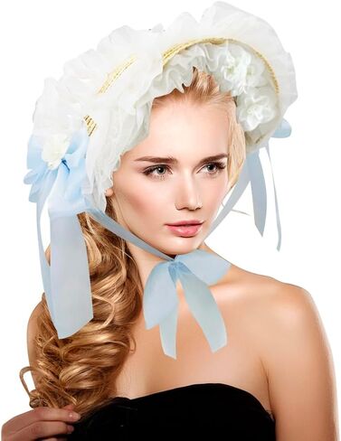 Girls Women Victorian Lolita Flat Bonnet Cap Tea Party Sun Hat Lace Bows Flower Ribbons Straw Hats in Saudi Arabia