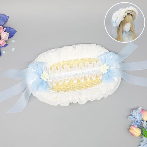 Girls Women Victorian Lolita Flat Bonnet Cap Tea Party Sun Hat Lace Bows Flower Ribbons Straw Hats in Saudi Arabia