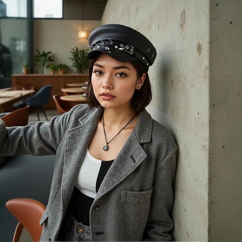 Womens Leopard Print PU Leather Newsboy Hat Peaked Beret Cap Studded Punk Cadet Captain Sailor Hat Military Flat Top Cap in Saudi Arabia