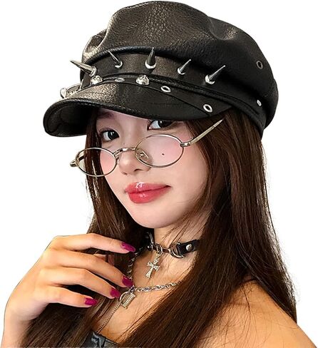 Womens Leopard Print PU Leather Newsboy Hat Peaked Beret Cap Studded Punk Cadet Captain Sailor Hat Military Flat Top Cap in Saudi Arabia