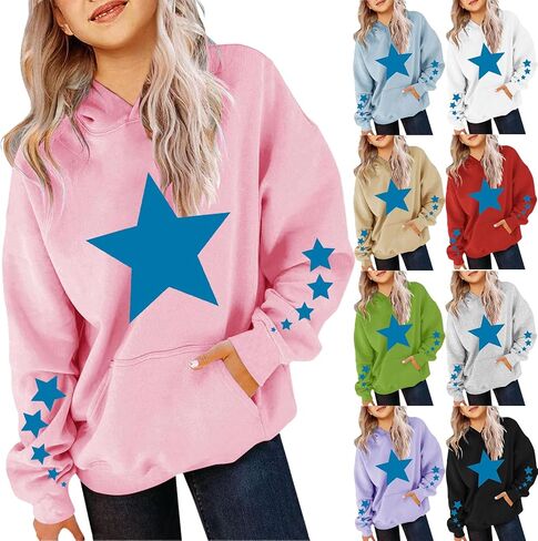 Cute Hoodies for Teen Girls Oversized Star Print Hooded Sweatshirts Casual Loose Long Sleeve Pullover Top 4-13 Years in Saudi Arabia