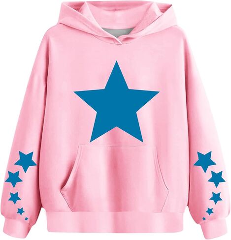 Cute Hoodies for Teen Girls Oversized Star Print Hooded Sweatshirts Casual Loose Long Sleeve Pullover Top 4-13 Years in Saudi Arabia