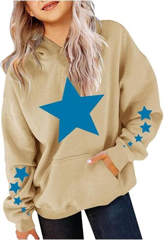 Cute Hoodies for Teen Girls Oversized Star Print Hooded Sweatshirts Casual Loose Long Sleeve Pullover Top 4-13 Years in Saudi Arabia