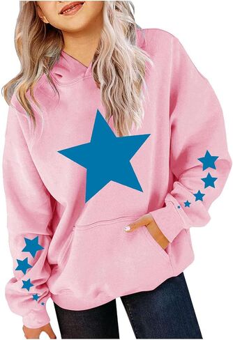 Cute Hoodies for Teen Girls Oversized Star Print Hooded Sweatshirts Casual Loose Long Sleeve Pullover Top 4-13 Years in Saudi Arabia