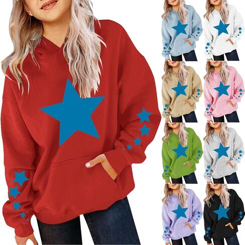 Cute Hoodies for Teen Girls Oversized Star Print Hooded Sweatshirts Casual Loose Long Sleeve Pullover Top 4-13 Years in Saudi Arabia