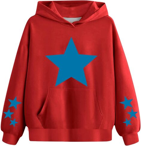 Cute Hoodies for Teen Girls Oversized Star Print Hooded Sweatshirts Casual Loose Long Sleeve Pullover Top 4-13 Years in Saudi Arabia