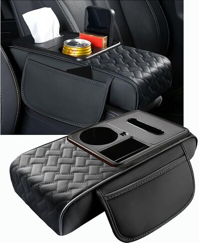 Arm Rest Cover for Car 6.3" Narrow Style,6-in-1 Microfiber Leather Center Console Cover with 2 Storage Bags Cup Holder, Tissue Box Slot, Phone Slot,Universal Accessories Interior Organizers (Black) in Saudi Arabia