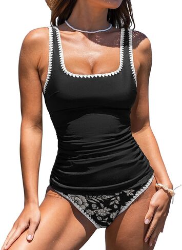 Cupshe Women's Tankini يضع قطعتين من ملابس السباحة مربعة تربيخ بدلة السباحة روت القابلة للتعديل in Saudi Arabia