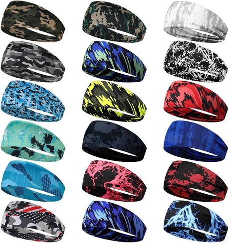 18 PCS Sports Sweatbands Camo Beadblege Bicking Wicking Beadband for Litness Yoga Running Cycling Football Basket in Kuwait