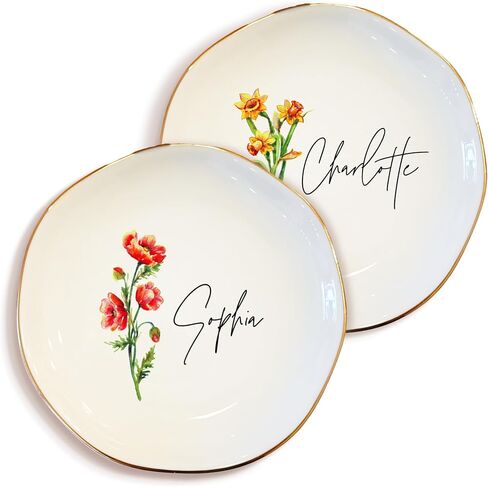 Personalized Birth Flower Name Ring Dish - Custom Floral Ceramic Jewelry Plate, Tray for Women, Bridesmaid, Daughter, Mom, Friends - Gift for Birthday, Christmas, Mother’s Day in Saudi Arabia