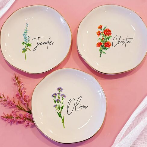 Personalized Birth Flower Name Ring Dish - Custom Floral Ceramic Jewelry Plate, Tray for Women, Bridesmaid, Daughter, Mom, Friends - Gift for Birthday, Christmas, Mother’s Day in Saudi Arabia