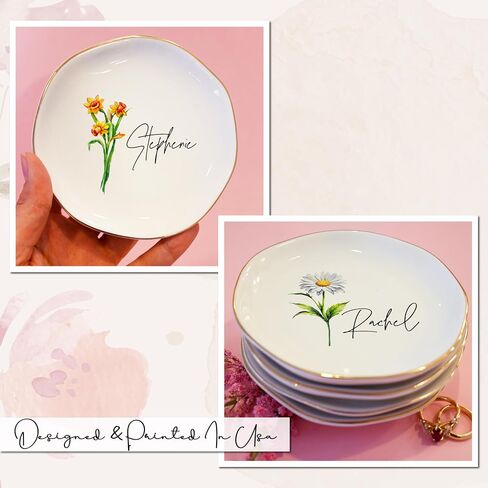 Personalized Birth Flower Name Ring Dish - Custom Floral Ceramic Jewelry Plate, Tray for Women, Bridesmaid, Daughter, Mom, Friends - Gift for Birthday, Christmas, Mother’s Day in Saudi Arabia