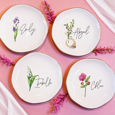 Personalized Birth Flower Name Ring Dish - Custom Floral Ceramic Jewelry Plate, Tray for Women, Bridesmaid, Daughter, Mom, Friends - Gift for Birthday, Christmas, Mother’s Day in Saudi Arabia