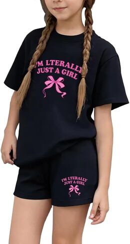 NEW 6-14 Years Girls 2 Piece Outfits Cotton T-Shirt and Shorts Set with Pockets Casual Wear in Kuwait