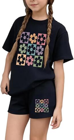 NEW 6-14 Years Girls 2 Piece Outfits Cotton T-Shirt and Shorts Set with Pockets Casual Wear in Kuwait