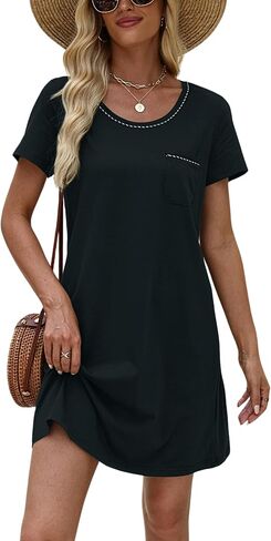 Ekouaer Womens Nightgown Cotton Nightshirts Short Sleeve Sleep Shirt with Chest Pocket Crewneck Nightdress S-XXL in Saudi Arabia