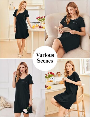 Ekouaer Womens Nightgown Cotton Nightshirts Short Sleeve Sleep Shirt with Chest Pocket Crewneck Nightdress S-XXL in Saudi Arabia