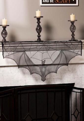 Fun Costumes Flying Bat Mantle Scarf Indoor Decoration, Black Lace 38" X 15" Knitted Spiderweb Background Room Display Standard in Saudi Arabia