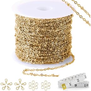 سلسلة مشبك ورق من الفولاذ المقاوم للصدأ بطول 16.4 قدم لصنع المجوهرات، لفة سلسلة ربط بمشبك ورق مطلي بالذهب لقلادة DIY وسوار صناعة المجوهرات مع شريط قياس ناعم ومشابك جراد البحر وحلقات القفز in Kuwait