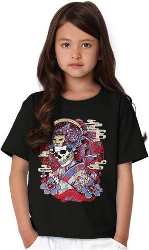 Traditional Skeleton Geisha Mask Crewneck T Shirts Boy Girl in Saudi Arabia
