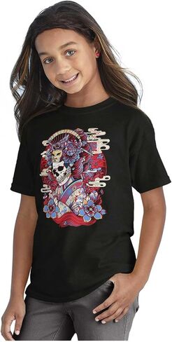 Traditional Skeleton Geisha Mask Crewneck T Shirts Boy Girl in Saudi Arabia