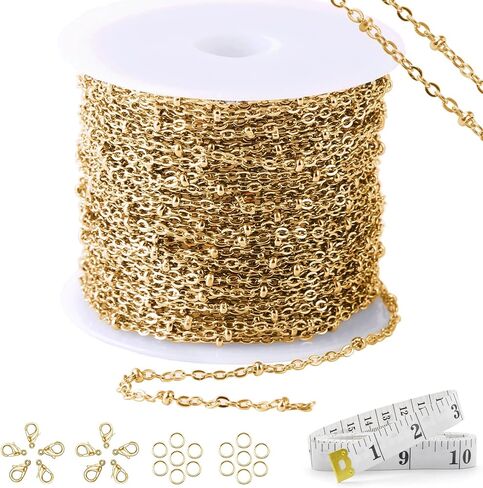 سلسلة مشبك ورق من الفولاذ المقاوم للصدأ بطول 16.4 قدم لصنع المجوهرات، لفة سلسلة ربط بمشبك ورق مطلي بالذهب لقلادة DIY وسوار صناعة المجوهرات مع شريط قياس ناعم ومشابك جراد البحر وحلقات القفز in Kuwait