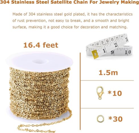 سلسلة مشبك ورق من الفولاذ المقاوم للصدأ بطول 16.4 قدم لصنع المجوهرات، لفة سلسلة ربط بمشبك ورق مطلي بالذهب لقلادة DIY وسوار صناعة المجوهرات مع شريط قياس ناعم ومشابك جراد البحر وحلقات القفز in Kuwait