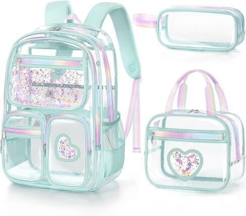 Fimibuke Clear Backpack for Girls, 3PCS Heavy Duty PVC Transparent Kids Backpack for Teen Girls, School, Concert, Stadium Events Approved See Through School Girl Bookbag with Lunch Box & Pencil Case in Kuwait