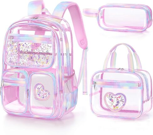 Fimibuke Clear Backpack for Girls, 3PCS Heavy Duty PVC Transparent Kids Backpack for Teen Girls, School, Concert, Stadium Events Approved See Through School Girl Bookbag with Lunch Box & Pencil Case in Kuwait