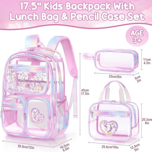 Fimibuke Clear Backpack for Girls, 3PCS Heavy Duty PVC Transparent Kids Backpack for Teen Girls, School, Concert, Stadium Events Approved See Through School Girl Bookbag with Lunch Box & Pencil Case in Kuwait