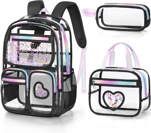 Fimibuke Clear Backpack for Girls, 3PCS Heavy Duty PVC Transparent Kids Backpack for Teen Girls, School, Concert, Stadium Events Approved See Through School Girl Bookbag with Lunch Box & Pencil Case in Kuwait
