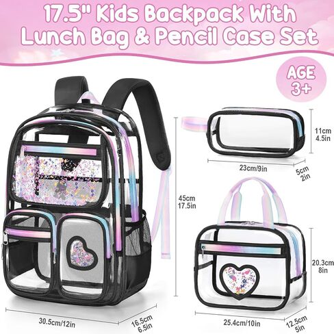 Fimibuke Clear Backpack for Girls, 3PCS Heavy Duty PVC Transparent Kids Backpack for Teen Girls, School, Concert, Stadium Events Approved See Through School Girl Bookbag with Lunch Box & Pencil Case in Kuwait