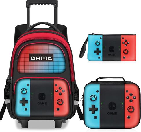 Kids Rolling Backpack for Boys - 3PCS Gamer Boys Rolling Backpack with Lunch Bag Set,Multifunctional Wheeled Bookbag for Travel,Roller School Bag for Elementary Middle School Aged 6-18 in Kuwait