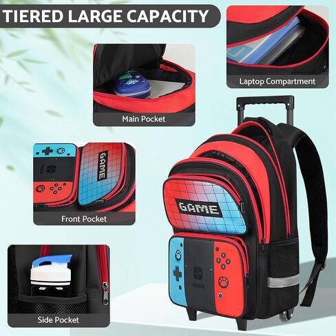 Kids Rolling Backpack for Boys - 3PCS Gamer Boys Rolling Backpack with Lunch Bag Set,Multifunctional Wheeled Bookbag for Travel,Roller School Bag for Elementary Middle School Aged 6-18 in Kuwait