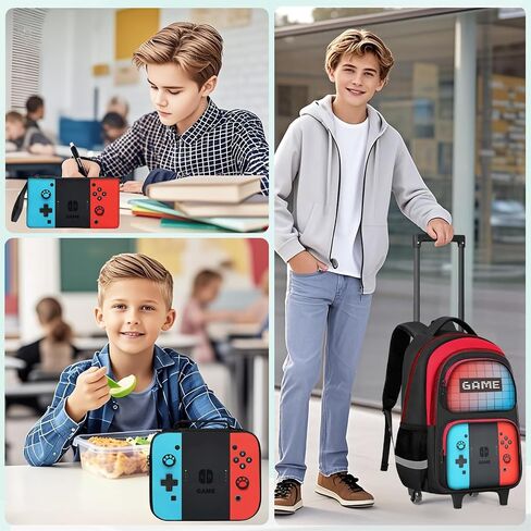 Kids Rolling Backpack for Boys - 3PCS Gamer Boys Rolling Backpack with Lunch Bag Set,Multifunctional Wheeled Bookbag for Travel,Roller School Bag for Elementary Middle School Aged 6-18 in Kuwait