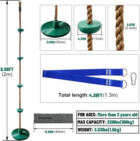 Climbing Rope Tree Swing with Platforms and Disc Swing Seat Set Outdoor Playground Accessories for Kids-Include Carabiner, 4ft Tree Strap and Tree Protector in Kuwait