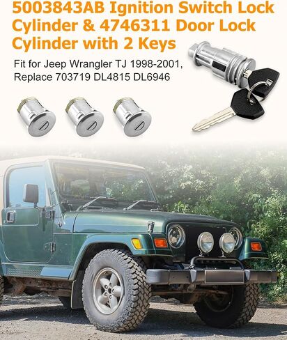 مفتاح الإشعال مفتاح مفتاح القفل أسطوانة و Door Lock Cylinder Fit لـ Jeep Wrangler TJ 1998-2001 مع 2 مفاتيح استبدال 5003843AB 4746311 703719 DL4815 DL6946 in Kuwait