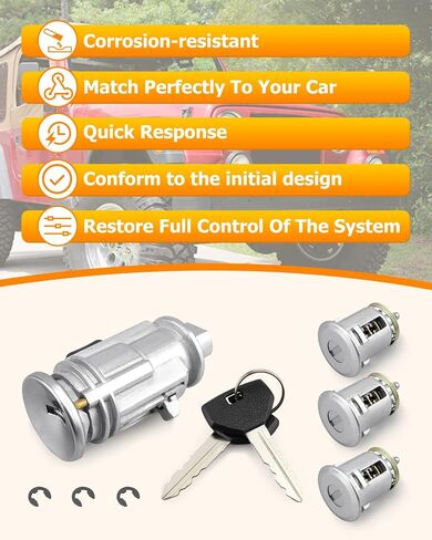 مفتاح الإشعال مفتاح مفتاح القفل أسطوانة و Door Lock Cylinder Fit لـ Jeep Wrangler TJ 1998-2001 مع 2 مفاتيح استبدال 5003843AB 4746311 703719 DL4815 DL6946 in Kuwait