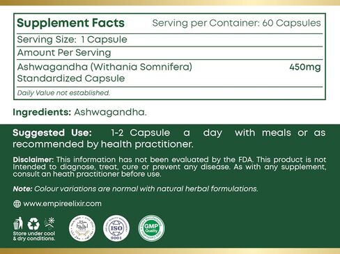 Ashwagandha Capsules 450mg | 60 Count | Herbal Supplement for Men and Women | Non-GMO | Adaptogen | Energy and Wellness Support in Saudi Arabia
