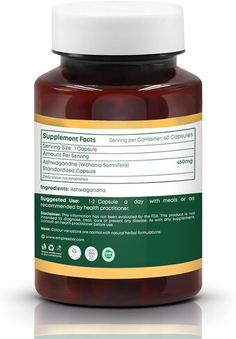 Ashwagandha Capsules 450mg | 60 Count | Herbal Supplement for Men and Women | Non-GMO | Adaptogen | Energy and Wellness Support in Saudi Arabia