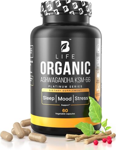 مكملات Ashwagandha العضوية-KSM-66-60 كبسولات نباتية-إمدادات مدتها 30 يومًا | أشواغاندا النقي للنساء والرجال | طقوس مصنع متعدد الفيتامينات بديل للإجهاد والمزاج in Kuwait