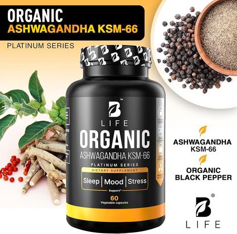مكملات Ashwagandha العضوية-KSM-66-60 كبسولات نباتية-إمدادات مدتها 30 يومًا | أشواغاندا النقي للنساء والرجال | طقوس مصنع متعدد الفيتامينات بديل للإجهاد والمزاج in Kuwait