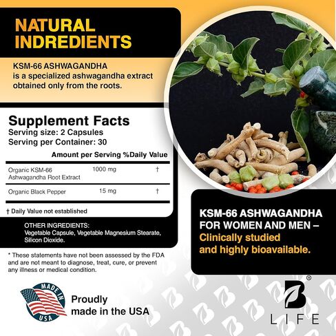 مكملات Ashwagandha العضوية-KSM-66-60 كبسولات نباتية-إمدادات مدتها 30 يومًا | أشواغاندا النقي للنساء والرجال | طقوس مصنع متعدد الفيتامينات بديل للإجهاد والمزاج in Kuwait