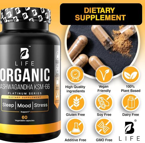 مكملات Ashwagandha العضوية-KSM-66-60 كبسولات نباتية-إمدادات مدتها 30 يومًا | أشواغاندا النقي للنساء والرجال | طقوس مصنع متعدد الفيتامينات بديل للإجهاد والمزاج in Kuwait