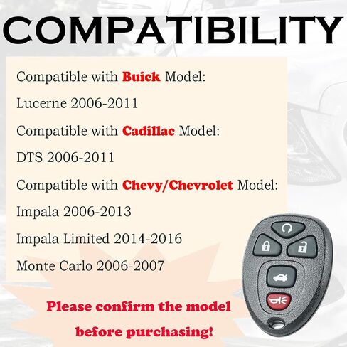 نوبات استبدال Key FOB لـ Chevy Impala 2006 2007 2008 2009 2010 2010 2012 2014 2015 2016 Monte Carlo Equinox Buick Lucerne Cadillac DTS DTS بدون مفتاح التحكم عن بُعد OUC60221 OUC60270 in Kuwait
