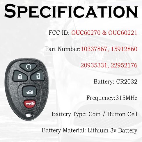 نوبات استبدال Key FOB لـ Chevy Impala 2006 2007 2008 2009 2010 2010 2012 2014 2015 2016 Monte Carlo Equinox Buick Lucerne Cadillac DTS DTS بدون مفتاح التحكم عن بُعد OUC60221 OUC60270 in Kuwait