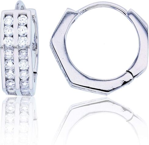 Sterling Silver Rhodium Round Cubic Zirconia Double Rows 13.5x4.5mm Men's Huggie Earrings in Saudi Arabia