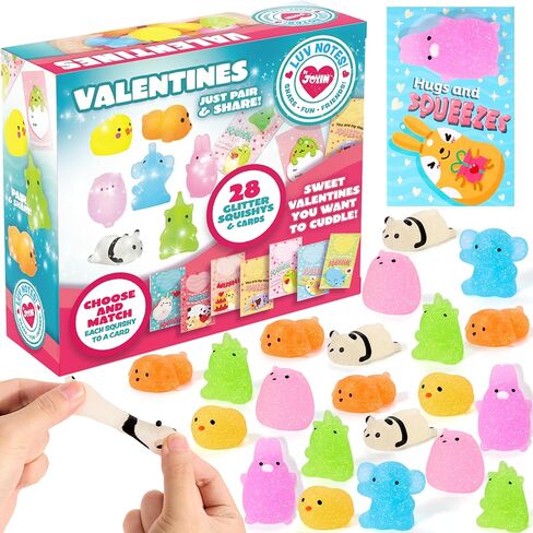 JOYIN 28 Packs Valentine's Day Gift Cards with Glitter Mochi Squishy Toys to Squeeze, Kawaii Stress Relief Fidget Toy for Kids Classroom Exchange Prizes, Valentine Party Favor in Saudi Arabia